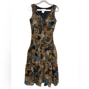 Coldwater Creek Leaf Print Midi Drop Waist Sleeveless Dress - Brown and Blue